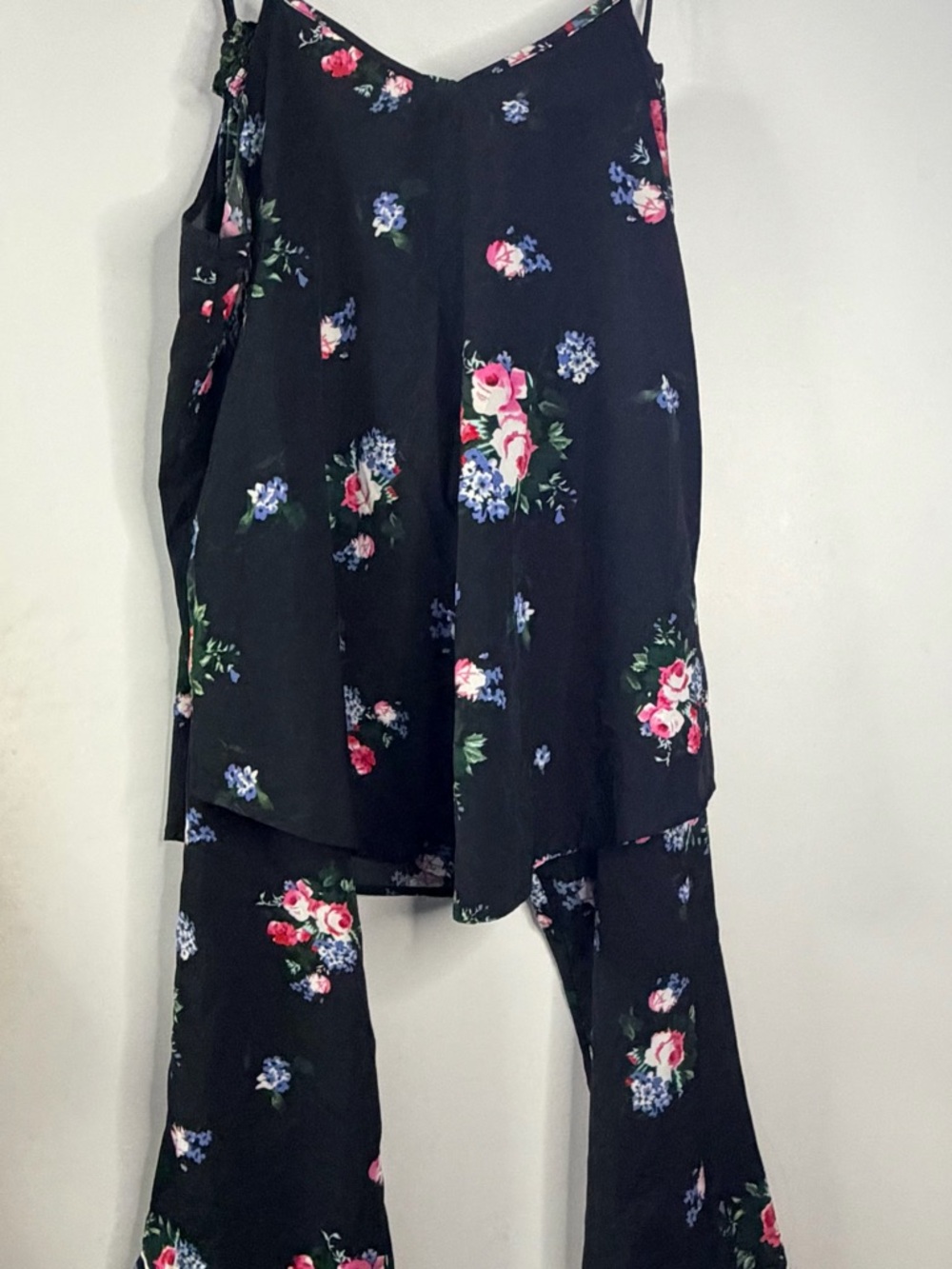 Japna Black Floral Pajama 3 piece Set with Pink and Blue Blooms